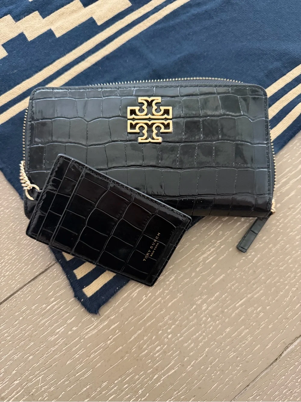 Tory Burch Black Croc-Embossed Zip Wallet with Gold Logo and Card Case